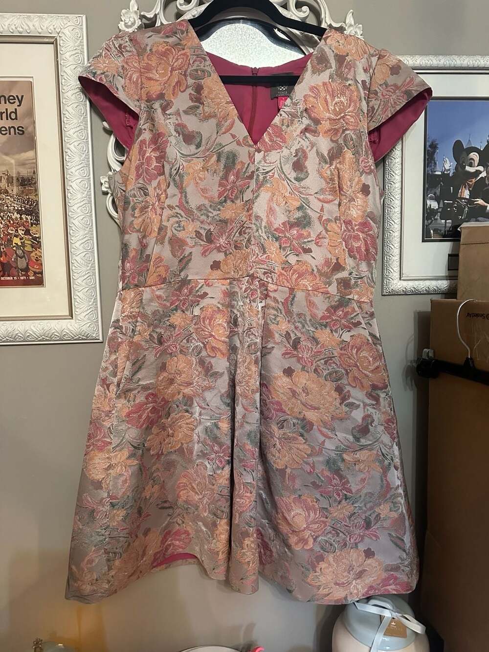 Vince Camuto V-Neck Cap Sleeve Floral Jacquard Fit and Flare Cocktail Dress